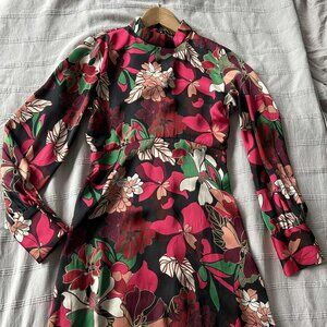 Zara ’70s Floral Stand-Collar Fit-and-Flare Mini w/ Jewel Cuff Buttons – US XS